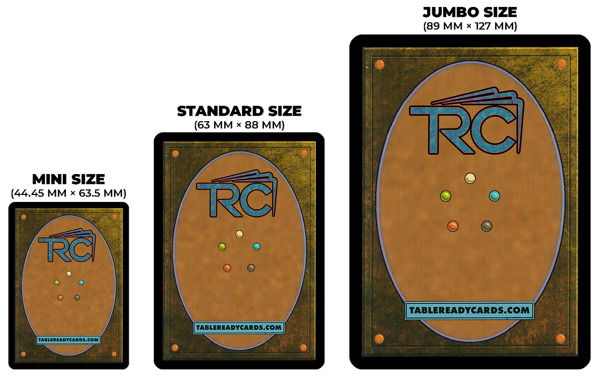 Card size comparison: Mini 44.45 × 63.5 mm, Standard / MTG 63 × 88 mm, and Jumbo 89 × 127 mm, shown to scale.