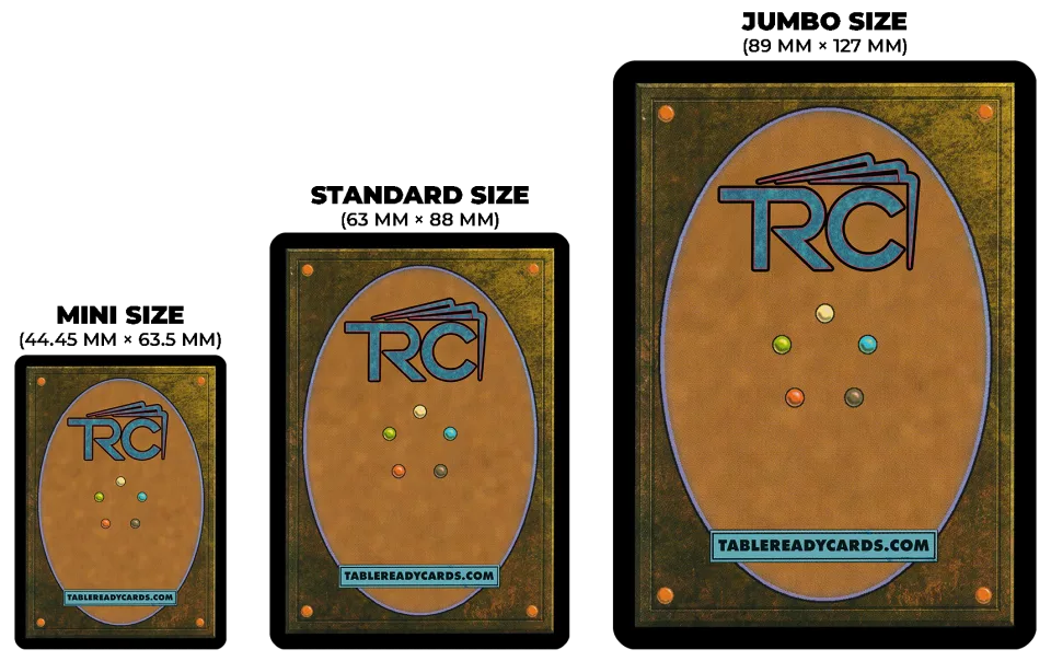 Card size comparison: Mini 44.45 × 63.5 mm; MTG size 63 × 88 mm; Jumbo 89 × 127 mm.